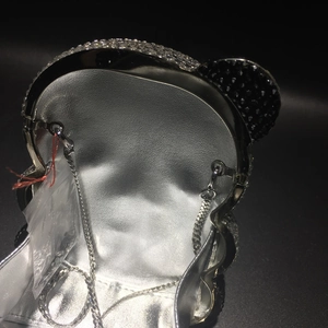 Detail view of panda crystal clutch bag interior with silver lining and metal chain