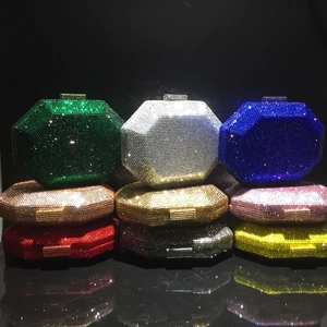 Detailed array of multi-colored octagonal crystal evening clutch bags with rhinestones