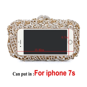 Detail view of the rose pattern crystal evening bag showing interior space for iPhone 7s