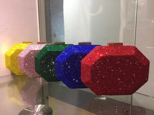 Octagonal crystal evening clutches in vibrant yellow pink green blue and red colors