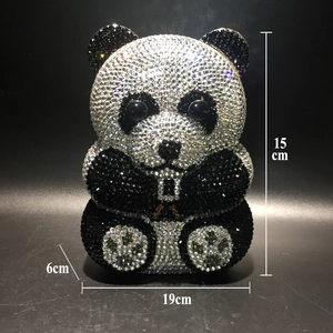Front view of crystal panda clutch bag showing 19cm width and 15cm height dimensions