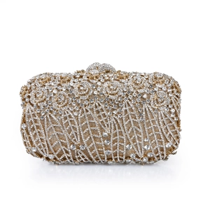 Rose Floral Rhinestone Evening Clutch Bag Women Luxury Hollow Metal Crystal Handbag Wedding Party Shoulder Bag