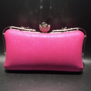 Macro detail of fuchsia leather clutch with silver rose clasp for evening banquet