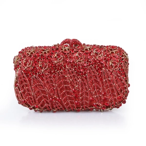 Detailed view of red crystal rose evening bag featuring intricate rhinestone pavé workmanship