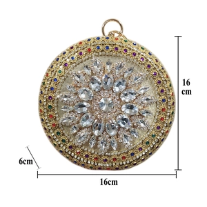 Luxurious round evening clutch with colorful rhinestones and gold circular handle