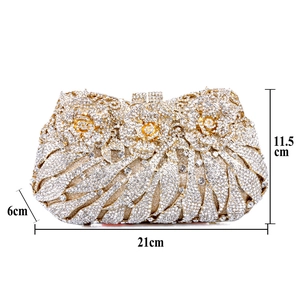 Detailed dimensions of crystal rose evening clutch with 21cm length and 11.5cm height