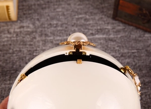 Vue détaillée du sac de soirée sphérique blanc avec grand fermoir perle et détails dorés