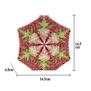 Detail of snowflake crystal clutch bag showing 14.5cm diameter and 4.5cm thickness dimensions