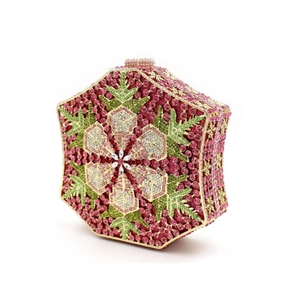 Luxurious hexagonal crystal evening clutch with pink flower patterns and gold metal frame