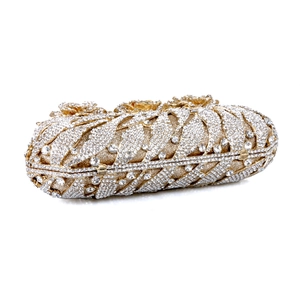 Elegant hollow metal rose crystal evening clutch bag with full rhinestone inlay
