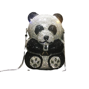 Exquisite panda crystal evening clutch bag with black and white rhinestones and silver chain