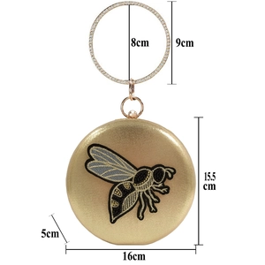 Golden round PU evening clutch bag featuring bee embroidery and a diamond-encrusted handle