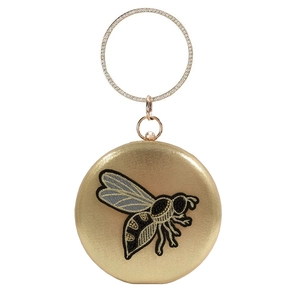 Golden round evening clutch bag featuring bee embroidery and a rhinestone metal handle