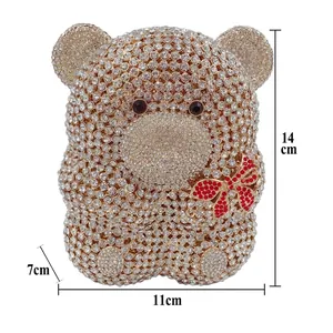 Pochette de soirée ours en cristal avec nœud rouge, mini sac à main de luxe 14x11x7cm