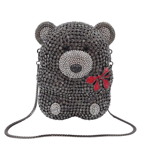 Sac de soirée ours en cristal étincelant avec nœud rouge et chaîne en métal