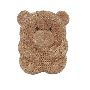 Pochette de soirée ours en peluche avec cristaux champagne et nœud en strass