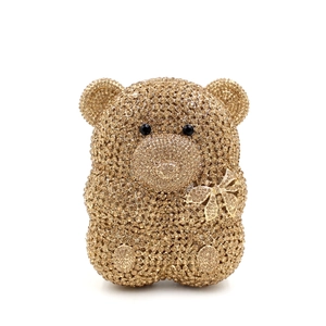 Pochette de soirée ours en peluche doré ornée de cristaux scintillants et d'un noeud