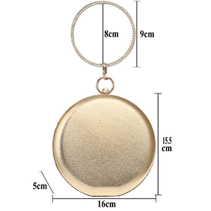 Pochette de soirée ronde dorée avec finition pailletée et poignée anneau en strass chic