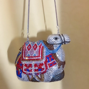 Exquisite camel-shaped evening clutch bag with colorful rhinestones and silver chain