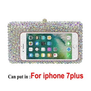 Size reference showing a rhinestone evening clutch fitting an iPhone 7 Plus