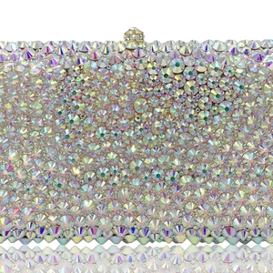 Luxury rectangular evening clutch bag with iridescent AB rhinestones and gold metal clasp