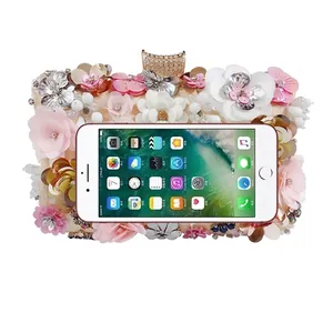 Floral satin clutch bag with sequins and pearls, fits an iPhone 7 Plus size