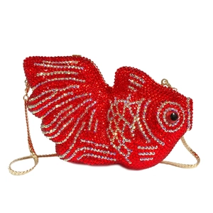 Pochette De Soirée Strass Poisson Rouge Cristal Forme Animale Coque Rigide Luxe Sac À Main Fête Pour Femmes Avec Chaîne