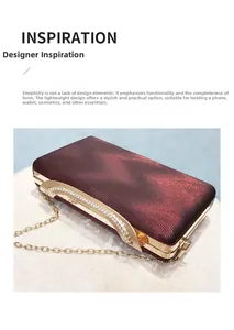 Detail of burgundy PU leather clutch showing wave texture and gold rhinestone trim