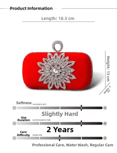Detailed size chart for red velvet evening clutch bag with crystal floral decoration