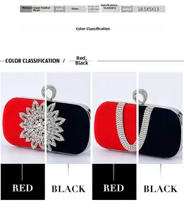 Detail of velvet dinner clutch with rhinestone floral decor and metal chain strap