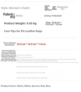 Detailed size specifications and PU leather care instructions for this evening clutch bag