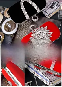 Macro detail of red satin evening bag with a luxury U-shaped diamond handle