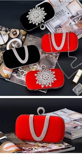 Luxurious velvet evening clutch bag with sparkling diamond buckle and metal chain strap