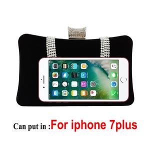 Size comparison of black velvet evening clutch with rhinestones and iPhone 7 Plus