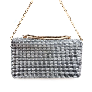Elegante borsa da sera in strass argento con catena dorata per feste ed eventi formali