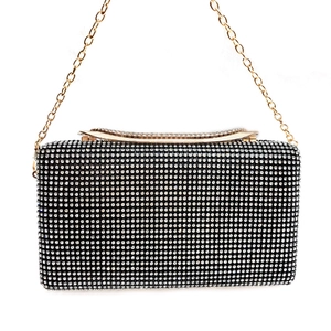 Elegante pochette da sera nera con strass scintillanti e tracolla a catena oro