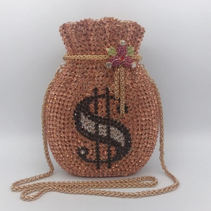 Roségoldene Strass-Abendtasche in Geldbeutel-Form mit Dollarzeichen und Kette