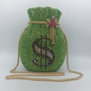 Grüne Geldbeutel-Abendtasche mit Dollarzeichen-Kristallen und goldener Kette