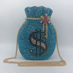 Blaue Strass-Abendtasche in Geldbeutelform mit Dollarzeichen und Goldkette