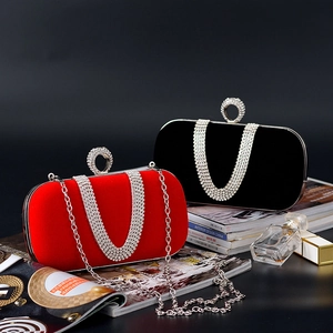 Elegant velvet evening clutch bag with U-shaped rhinestone chain and silver chain strap