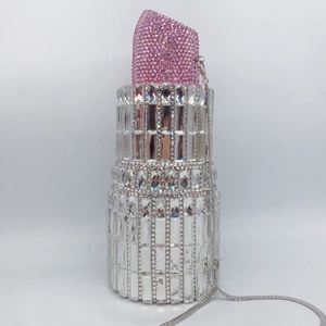 Luxury lipstick-shaped evening clutch bag adorned with pink and clear crystals and a metal chain