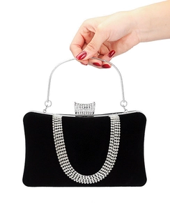 Elegant black velvet evening clutch bag with U-shaped rhinestone trim and silver handle