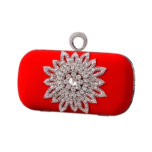 Red velvet evening bag with sparkling rhinestone sunflower ornament and ring handle