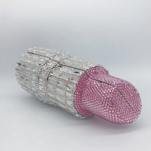 Lipstick shaped evening clutch bag with sparkling pink and silver crystals for women