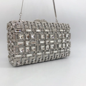 Silver luxury rhinestone clutch bag with crystal embellishments and metal chain