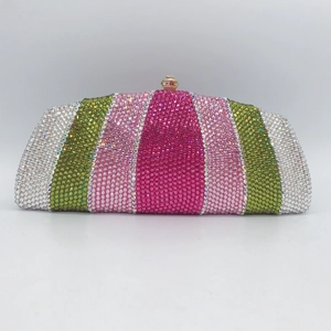 Rhinestone Evening Clutch Bag Multi Color Crystal Rainbow Stripe Metal Hard Shell Party Handbag With Chain For Women