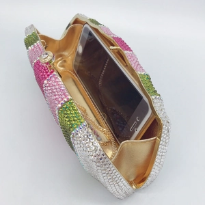 Elegant wave pattern crystal evening clutch with colorful rhinestones and gold chain
