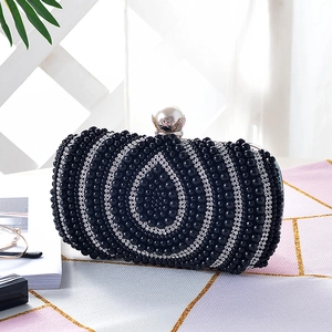 Elegante zwarte avondtas met parels, strass-druppelpatroon en parelsluiting