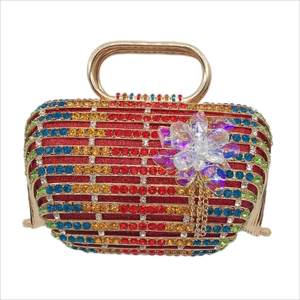 Pochette cage en métal avec strass multicolores et franges en cristal floral