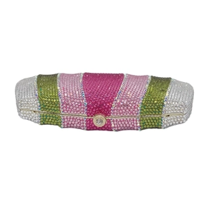 Elegant wavy evening clutch with vertical stripes of green, pink, and silver crystals